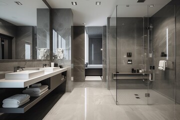 Fototapeta na wymiar Spacious Gray-Toned Modern Bathroom with Glass Shower Enclosure, Generative AI