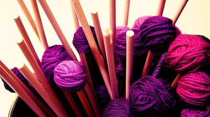 knitting needles and purple yarn balls. Generative AI image.