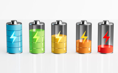 Various level energy alkaline batteries, 3d rendering.