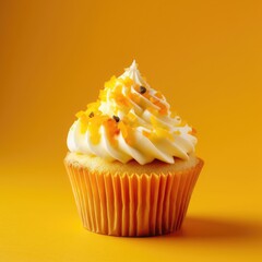 A cupcake with mango frosting.