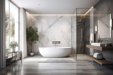 Fototapeta na wymiar Luxurious and Modern Gray-Toned Bathroom with Glass Shower and Freestanding Tub, Generative AI