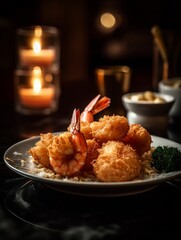 Photo of a delicious plate of shrimp and broccoli on a table created with Generative AI technology
