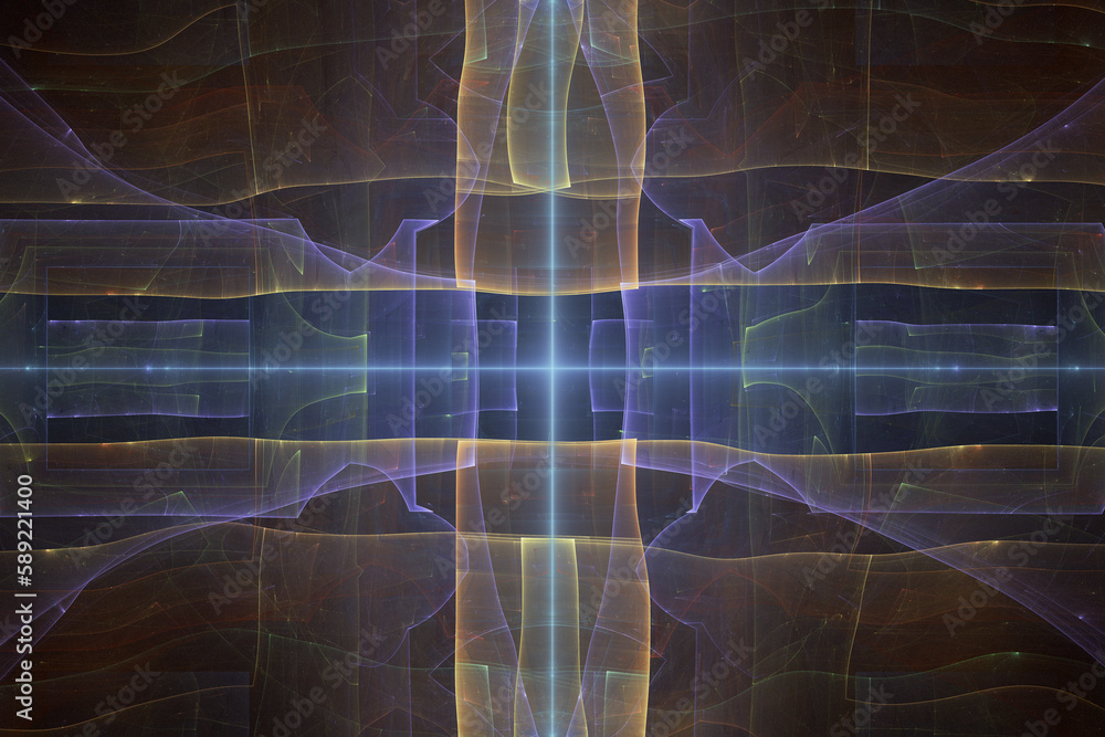 Poster orange purple pattern of curved shapes and rays on a black background. abstract fractal 3d rendering