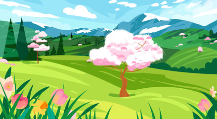 Spring landscape with blooming trees, mountains, flower, fields, leaves. Cute nature valley background Vector illustration