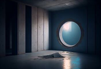 Empty Concrete Room With Ceiling Hole Shining Light Through It And Concrete Columns Inside With Blue Light At Background 3D Rendering. Generative AI