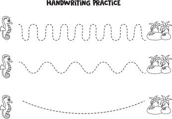 Obraz premium Tracing lines for kids. Cute seahorse and anemones. Writing practice.