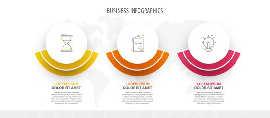 Vector infographic design template. Modern timeline concept with three steps, circles. Vector illustration used for diagram, workflow layout, banner, webdesign