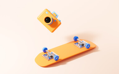 Skateboarding and camera in the yellow background, 3d rendering.