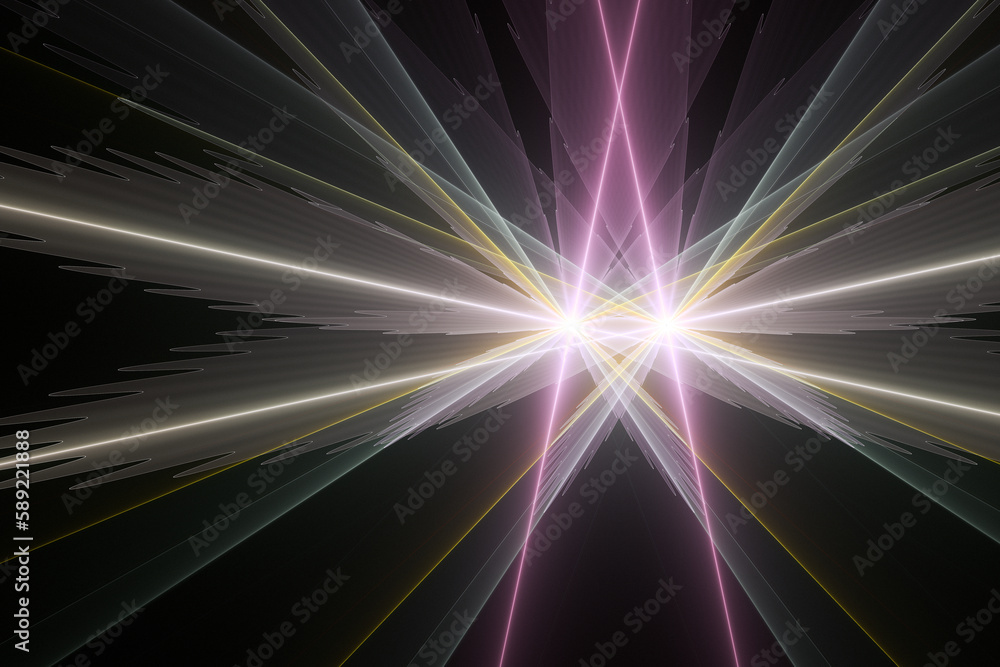 Poster pink multi-colored double glowing pattern of rays on a black background. abstract fractal 3d renderi