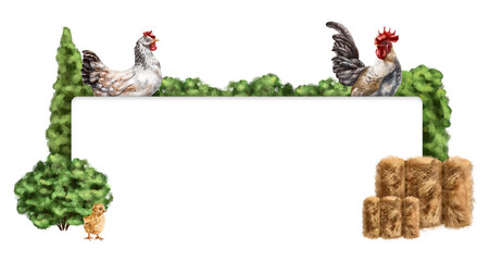 Farm composition frame of chicken, chicken, rooster among haystacks and greenery. For postcards, textiles, booklets, banners, stickers. Digital illustration on a white background
