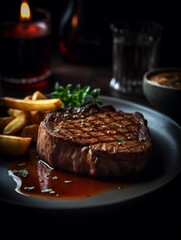 A delicious beef steak and crispy fries on a plate - Generative AI Illustration