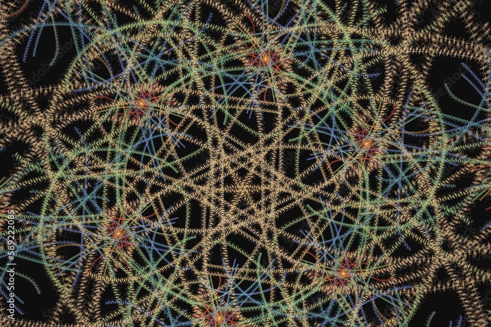 Poster multicolored pattern of crooked threads on a black background. abstract fractal 3d rendering