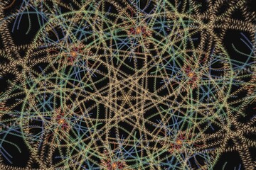 Multicolored pattern of crooked threads on a black background. Abstract fractal 3D rendering