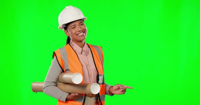 Architect woman, pointing and smile by green screen for mockup, logo and choice by studio backdrop. Female engineer, architecture or construction tips in portrait for small business owner with advice