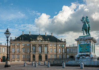Copenhagen, Denmark - September 13, 2010: Amalienborg square. Frederik V green bronze equestrian...