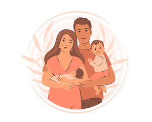Happy family with newborn. Family  with two children. Pregnancy and breastfeeding. Vector illustration.