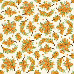 Obraz premium Natural organic sea buckthorn seamless pattern. Vector outline drawn illustration