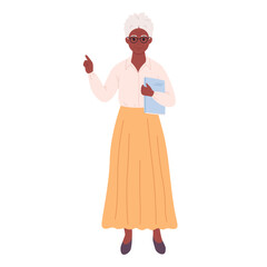 Senior black woman with book. Reading, literature, teaching. School teacher, librarian, business woman. Vector illustration in flat style