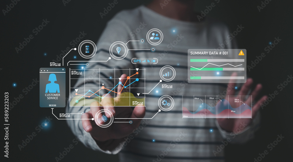 Wall mural young entrepreneur using big data analysis and cloud technology to collect customer data and display