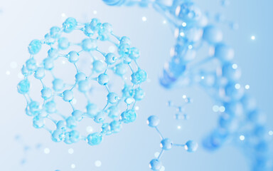 Floating molecules and DNA in the blue background, biology and cosmetic medicine concept, 3d rendering.