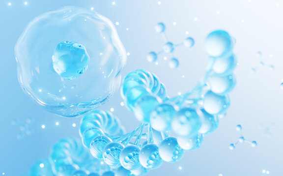Floating cells and DNA in the blue background, skin treatment, aesthetic medicine concept, 3d rendering.
