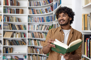 Young hispanic student reading a book while standing inside an academic university library, man smiling contentedly looking towards the window.