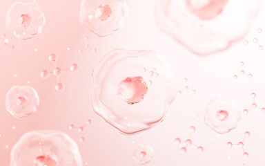 Floating cells in the pink background, skin treatment, biology and medicine concept, 3d rendering.