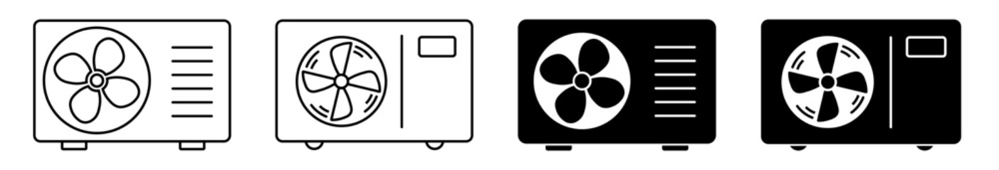 Heat pump icon set. AC outdoor unit symbol. Heating and cooling appliance. Vector