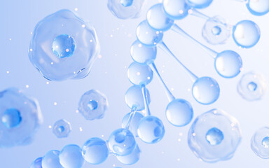 Floating cells and DNA in the blue background, skin treatment, aesthetic medicine concept, 3d rendering.