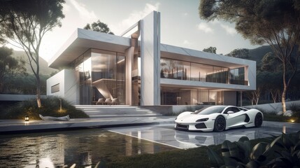 Experience an opulent lifestyle in a grand Luxury House with sleek SuperCars parked outside, amidst the bustling city traffic and iconic architecture, Generative AI