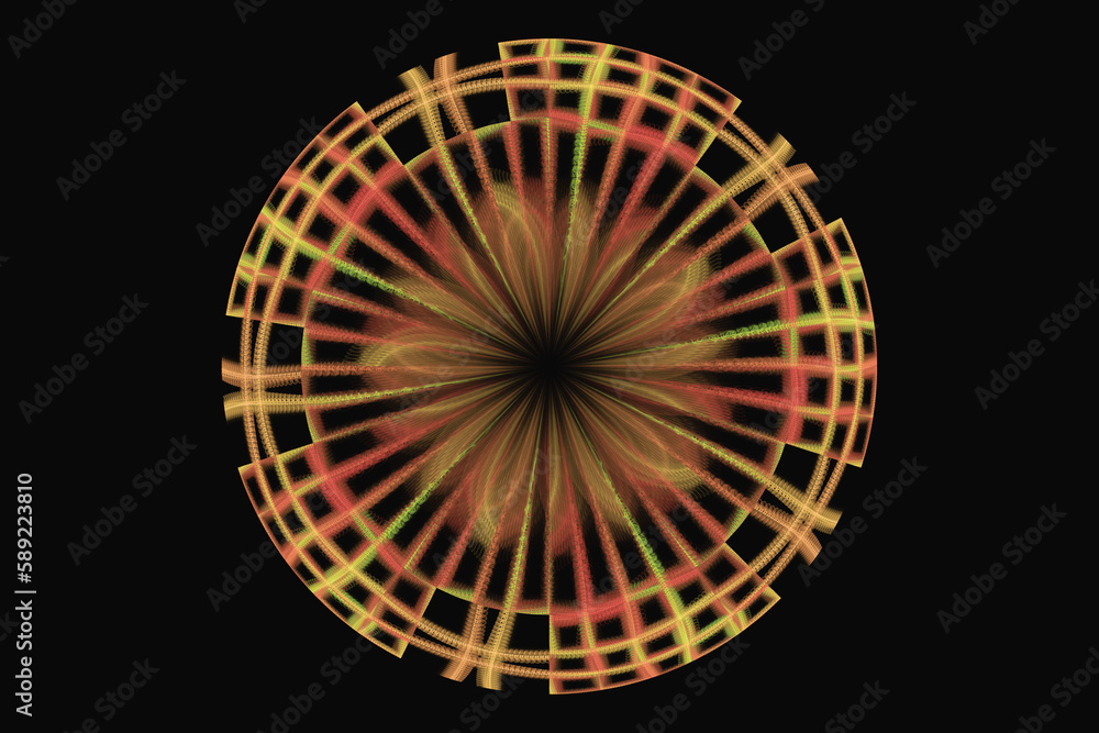 Poster orange round pattern of crooked waves on a black background. abstract fractal 3d rendering
