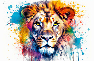 Portrait of a lion on multicolored splashes background. illustration in grunge style - obrazy, fototapety, plakaty
