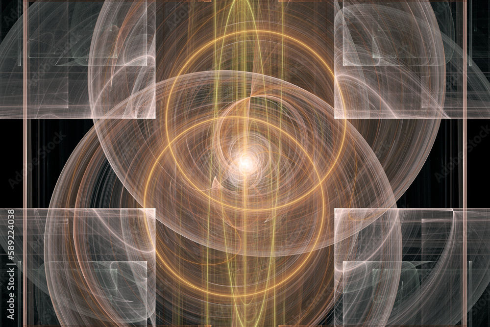 Poster orange pattern of curved shapes and waves on a black background. abstract fractal 3d rendering