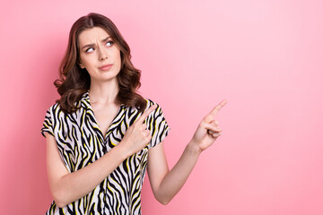 Photo portrait of thoughtful minded cute lady looking direct fingers empty space suspicious doubts...