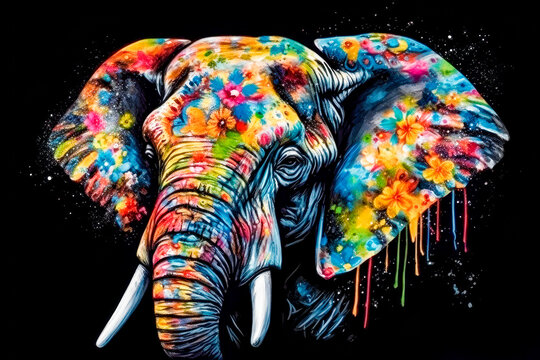 beautiful african ethnic elephant in colorful scarf with rainbow skin. Elephant head painted with multicolored flowers on black background.