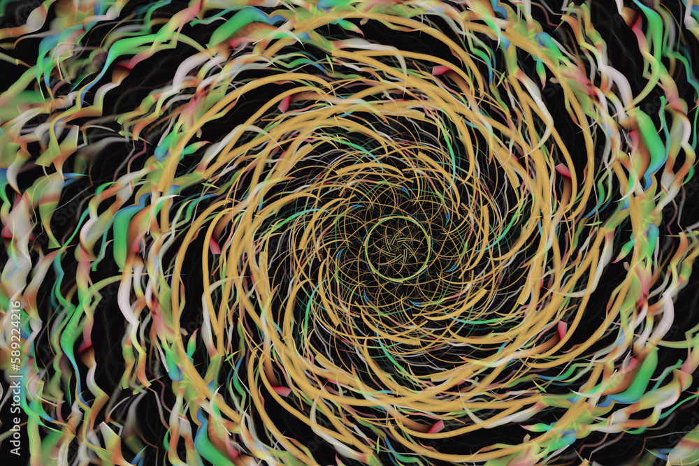 Poster orange green swirling pattern of crooked waves on a black background. abstract fractal 3d rendering