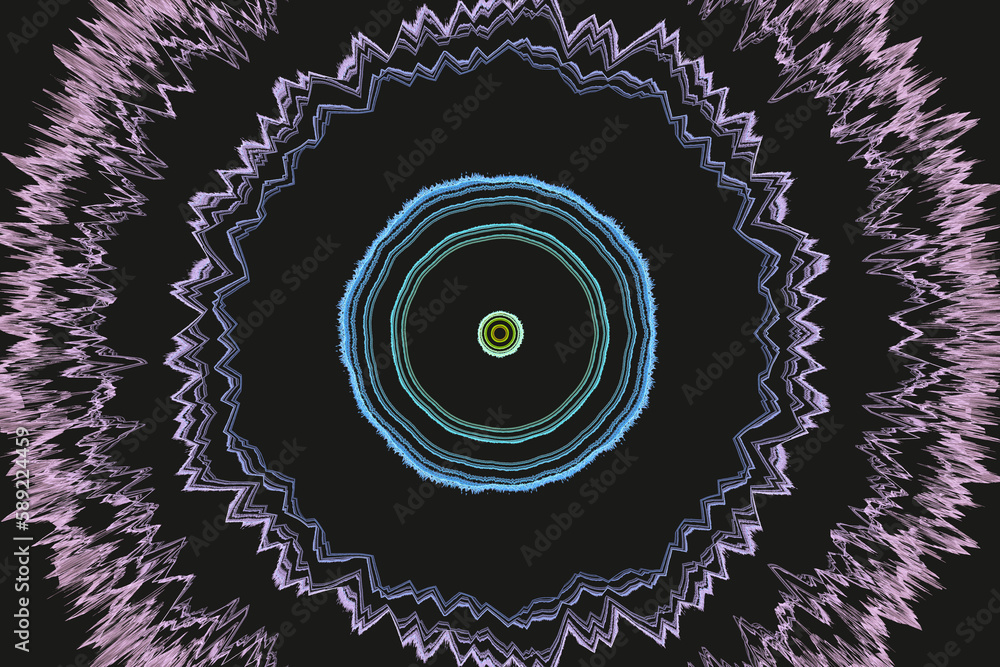 Poster violet blue round pattern of crooked waves on a black background. abstract fractal 3d rendering