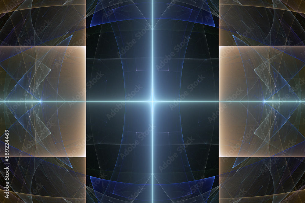 Poster blue gray glowing pattern of curved shapes and rays on a black background. abstract fractal 3d rende