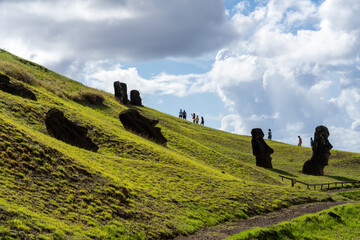  Moai heads on the slope of Rano Raraku on Easter Island (Rapa Nui),  Chile. Raraku is commonly...
