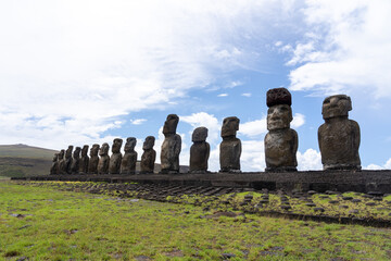 15 moai statues facing inland at Ahu Tongariki in Rapa Nui National Park on Easter Island (Rapa...
