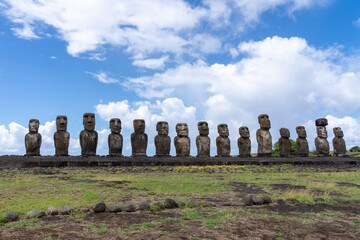 15 moai statues facing inland at Ahu Tongariki in Easter Island (Rapa Nui), Chile. The Ahu Tongariki is the largest ahu on Easter Island. 