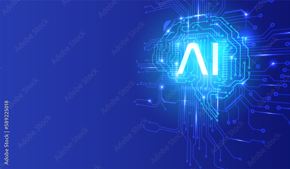 Aufkleber Circuit board CPU chip with AI smart brain big data processing futuristic technology. Artificial intelligence micro processor unit storage database vector concept background.