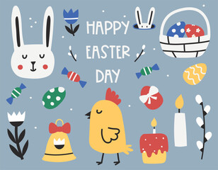 Happy Easter day. Set of simple minimal Easter design elements, childish style. Cute characters, clipart, Easter symbols. Bunny, chicken, eggs, willow, basket. Isolated flat vector illustrations