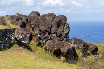 Petroglyphs on the rock at the ceremonial site of Orongo in 2023, Easter Island (Rapa Nui), Chile.