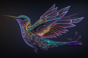 Colorful cartoon rainbow bird with black background. Wonderful electric bird exploding with colourful energy	