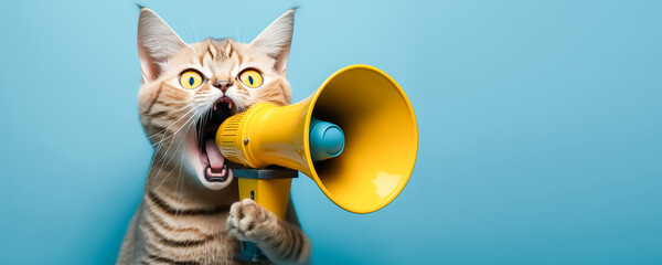 Cute cat holds a yellow loudspeaker in its shouting and announcing on a blue background, AI generative
