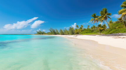 Fototapeta na wymiar A panoramic view of a beach with crystal-clear turquoise water, pristine white sand, and lush palm trees in the foreground. AI Generative