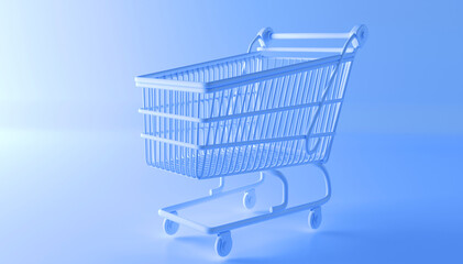 3d rendering with blue shopping cart on blue background.