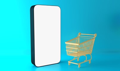 Smartphone and yellow shopping cart. 3d rendering.