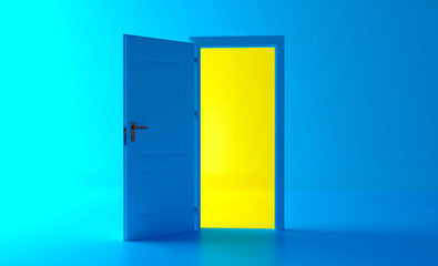 Open the door. Symbol of new career, opportunities, business ventures and initiative. Business concept. 3d render, yellow light inside open door isolated on blue background. Modern minimal concept.